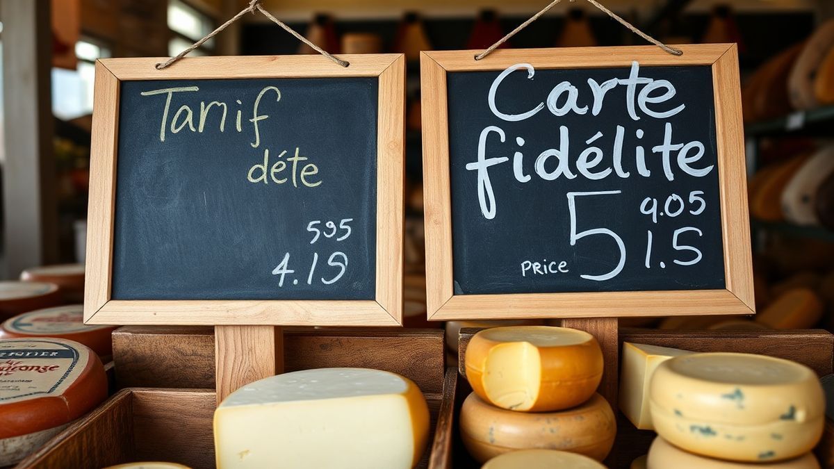 Deux ardoises de prix affichant tarif d’été et tarif fidélité sur un stand de marché fermier