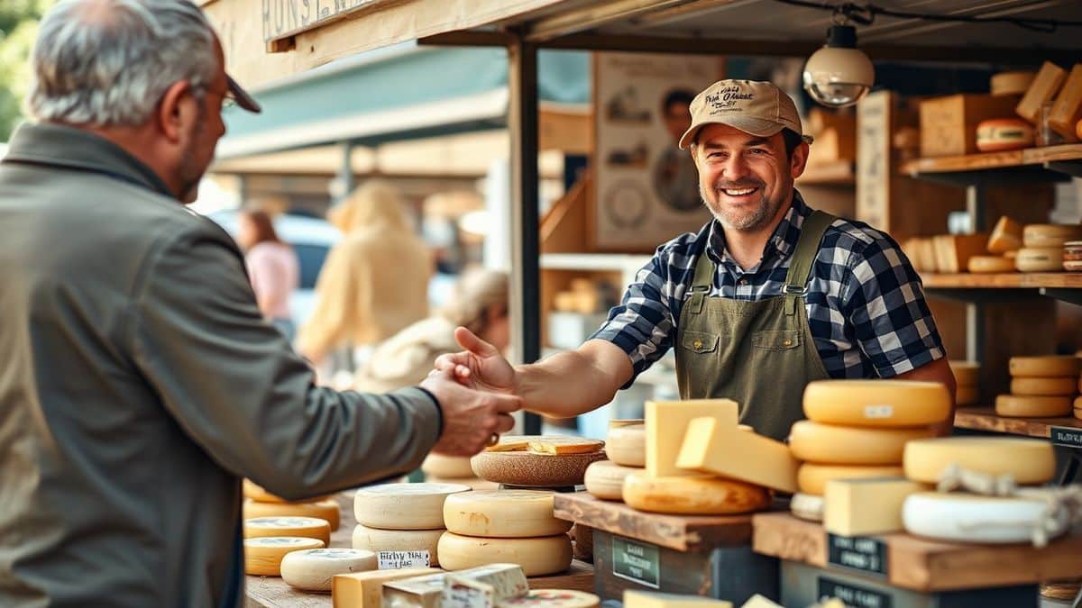 Fromager fermier remettant la monnaie à un client sur un marché d’été en vente directe