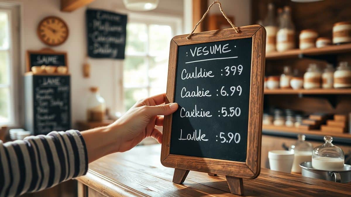 Main modifiant le prix sur une ardoise dans une boutique de ferme pour la tarification estivale