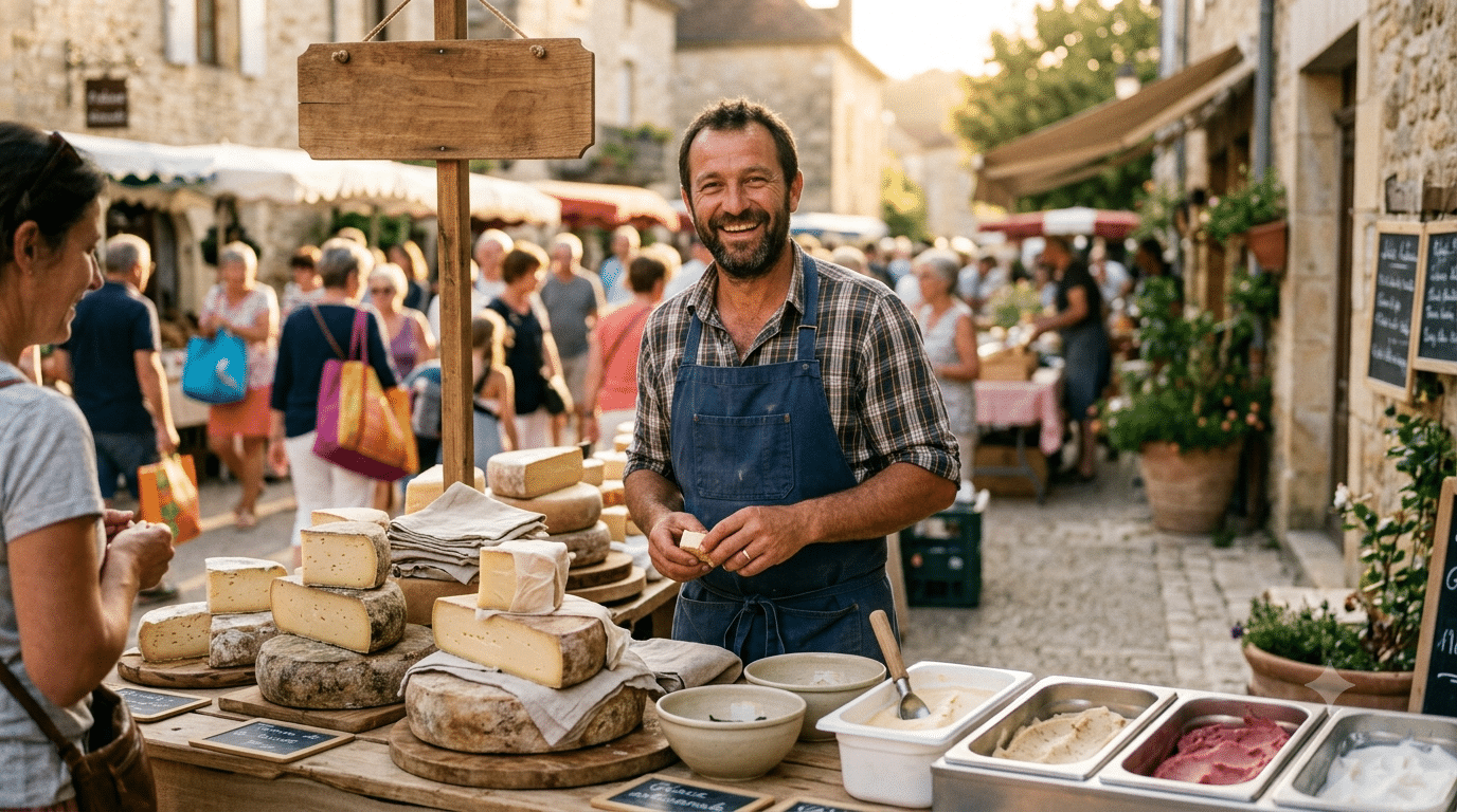 Productrice fermière fatiguée mais souriante derrière son étal de marché en fin de journée d'été
