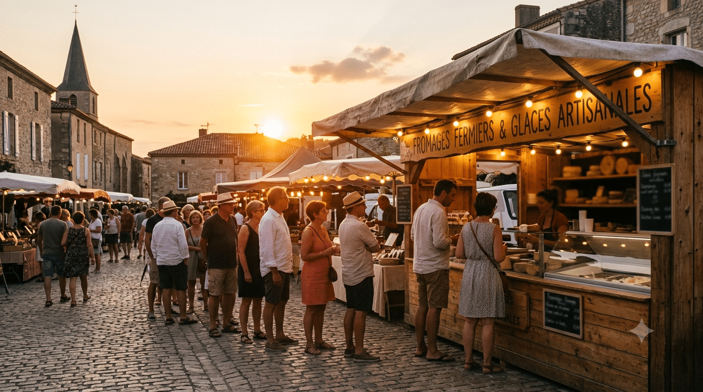 File de clients devant un étal fermier de fromages et glaces au coucher du soleil un soir d'été