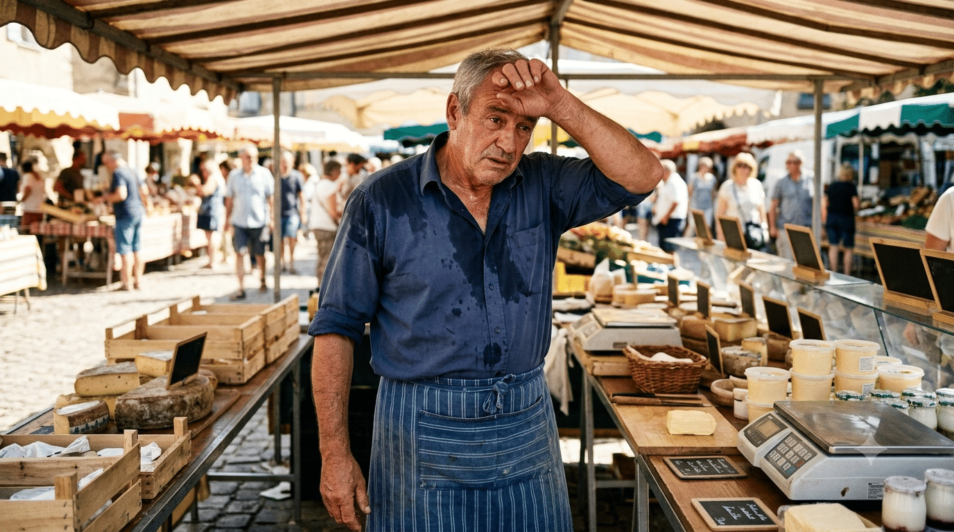 Producteur laitier fatigué s'essuyant le front derrière un étal de marché en plein été