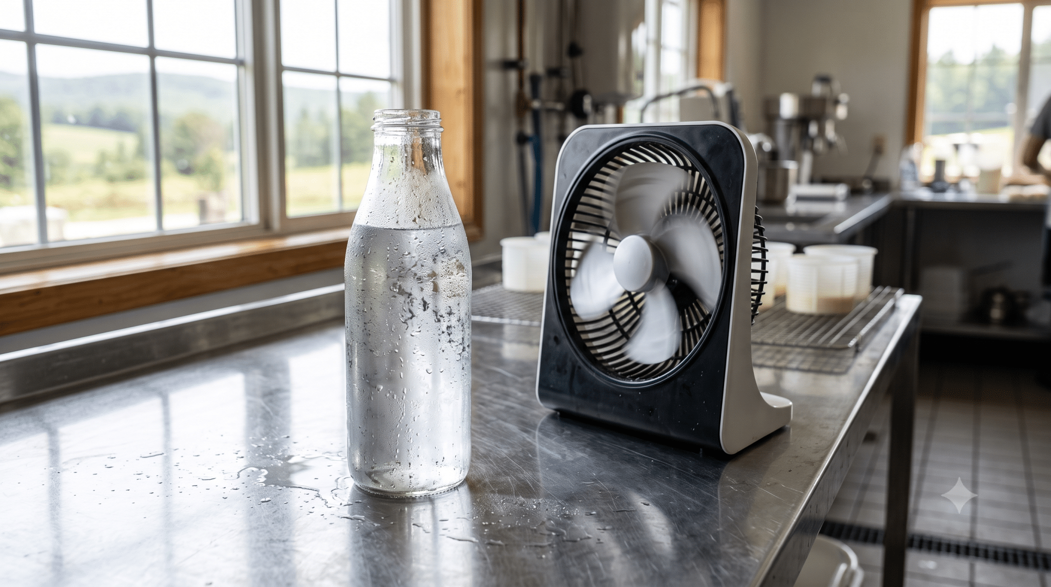 Bouteille d'eau et ventilateur sur un plan de travail inox dans un labo fermier en été