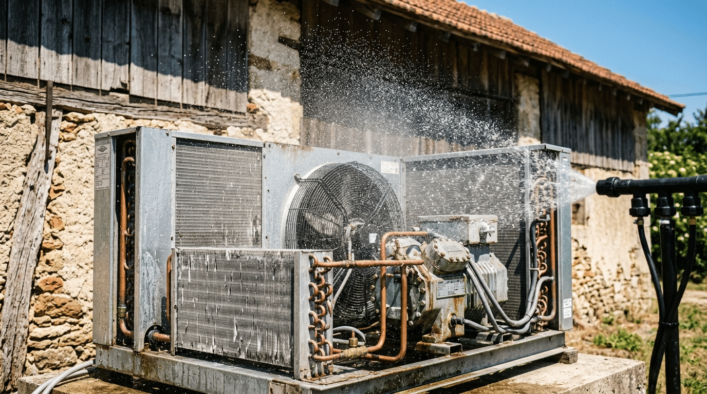 Brumisation d'eau sur un condenseur frigorifique extérieur en pleine chaleur d'été, gouttelettes qui s'évaporent