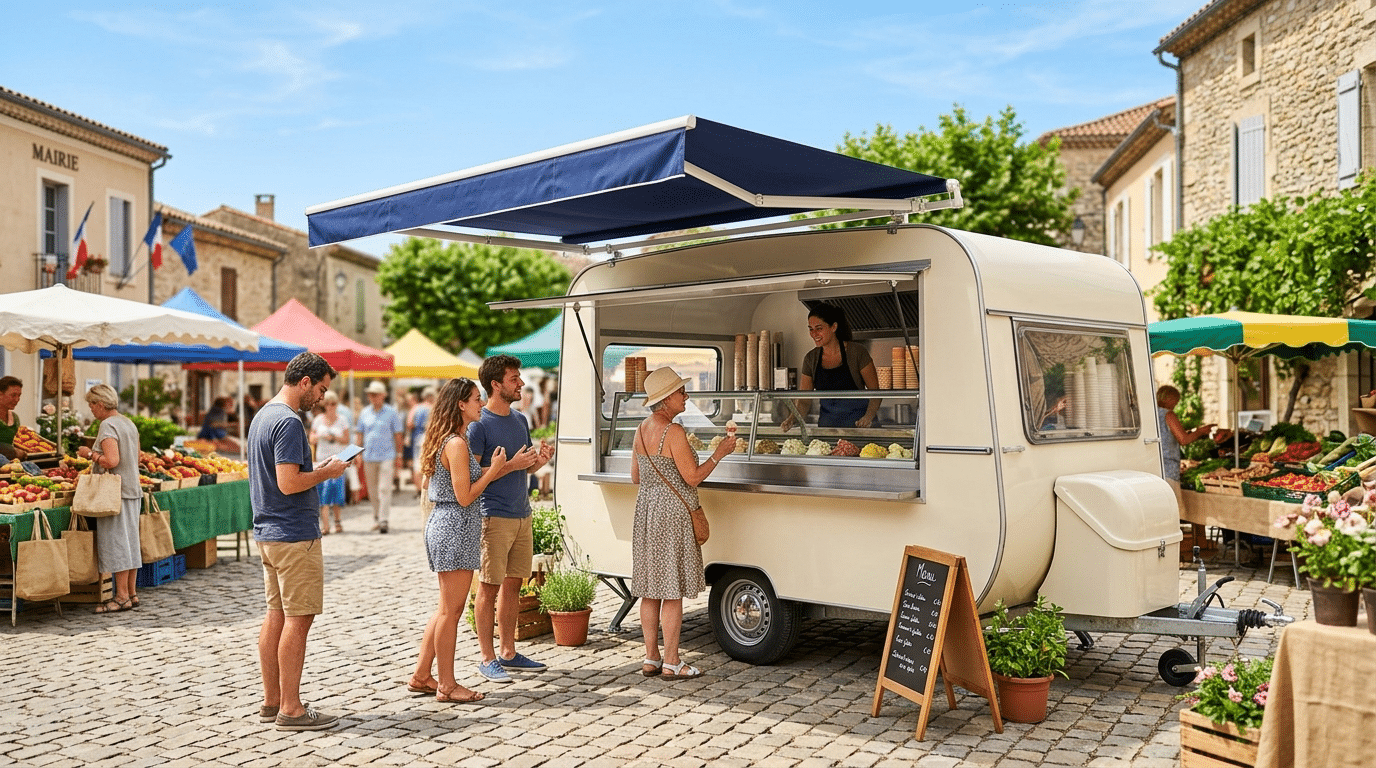 Remorque de glace italienne sur un marché extérieur français ensoleillé, clients qui font la queue