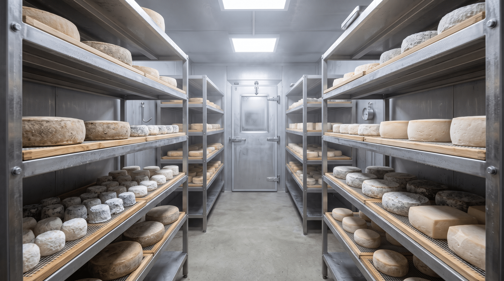 Intérieur d'une petite chambre froide fermière, étagères de fromages artisanaux, inox propre, lumière douce