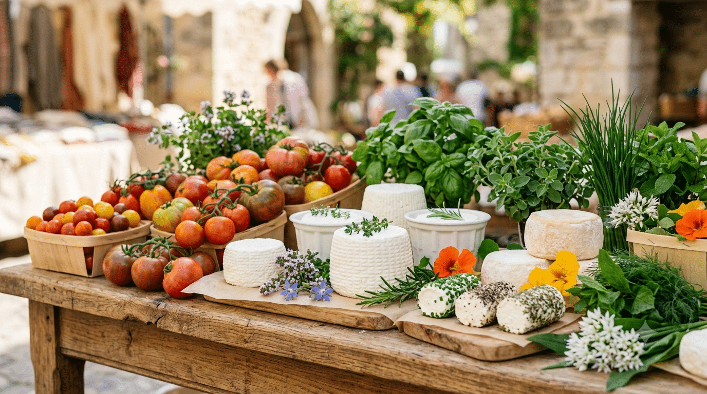 Étal de marché d'été couvert de fromages frais de chèvre et de brebis avec herbes et tomates en pleine lumière