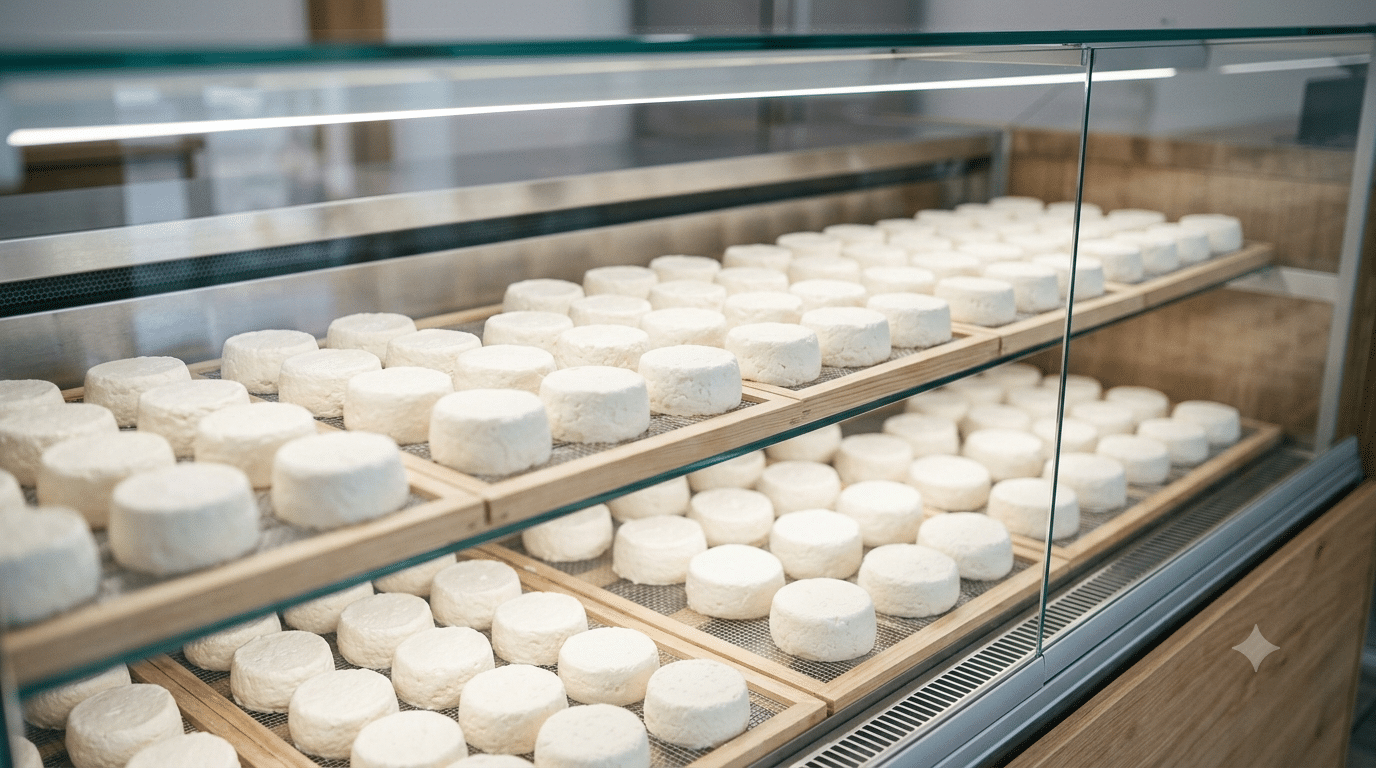 Fromages frais de chèvre et brousse de brebis présentés dans une vitrine réfrigérée de marché propre et bien rangée