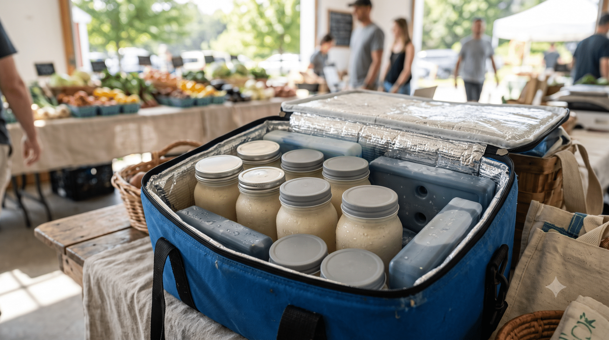 Pots de yaourt artisanal en verre rangés dans une glacière sur un marché d'été français