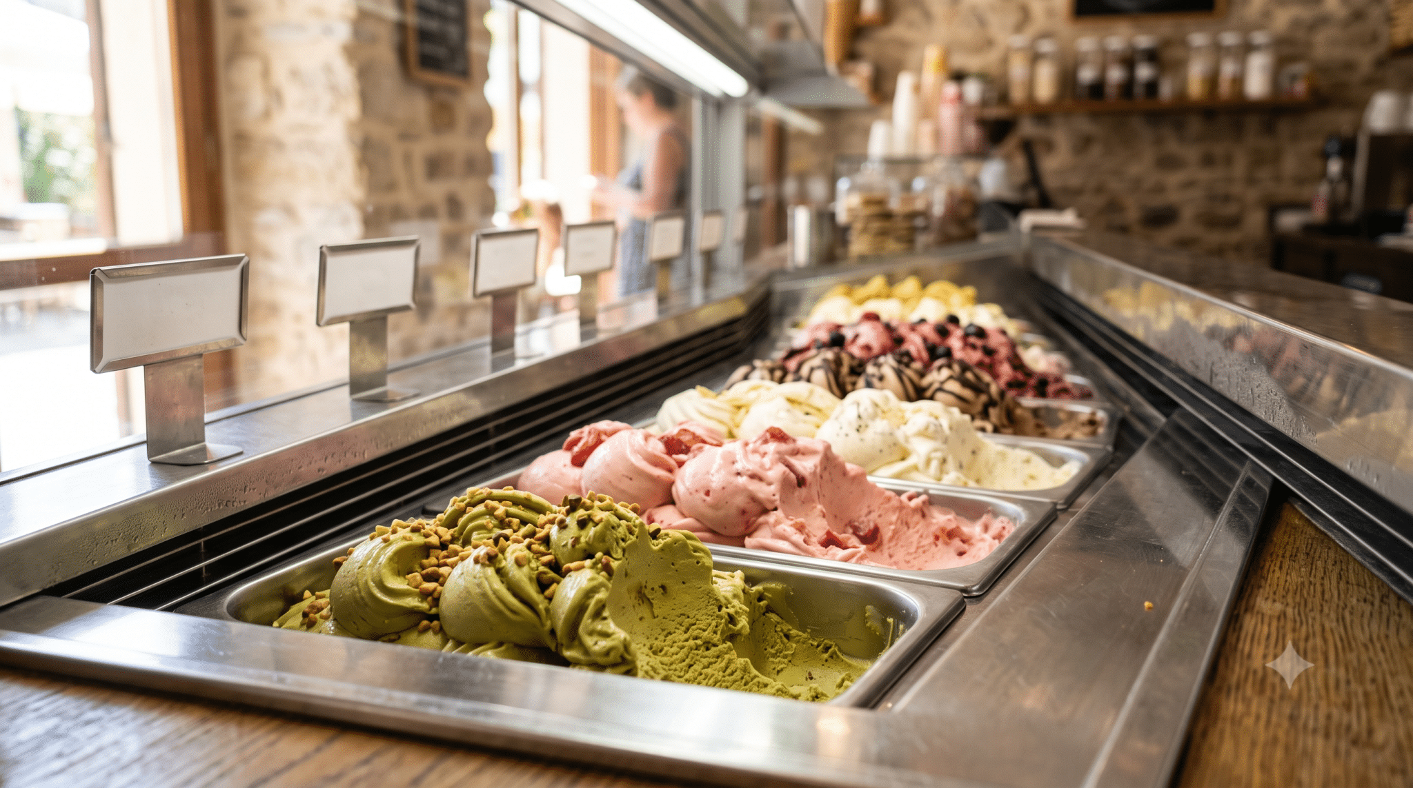 Étal de glaces artisanales colorées sur un marché français en plein été
