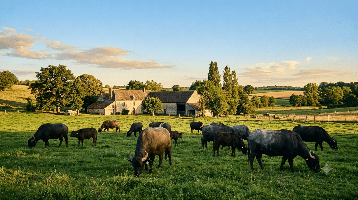 Bufflonnes au pâturage dans une prairie fermière française sous un ciel d'été