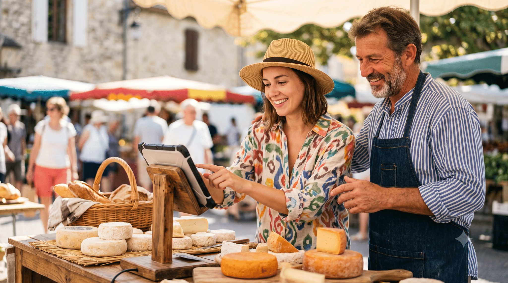 Productrice expliquant &agrave; une cliente touriste pourquoi son beurre fermier est plus souple par forte chaleur