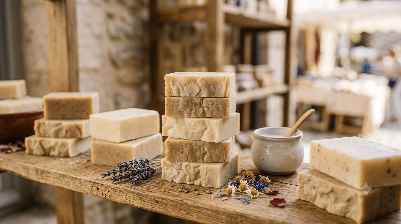 Pains de savon artisanal au lait d'ânesse alignés sur une étagère en bois brut, lumière naturelle douce
