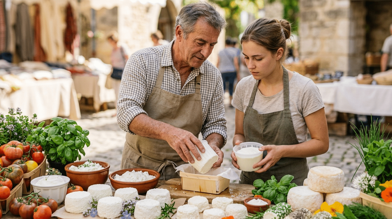 Jeune saisonnier en formation derrière un étal de fromages fermiers, en plein été