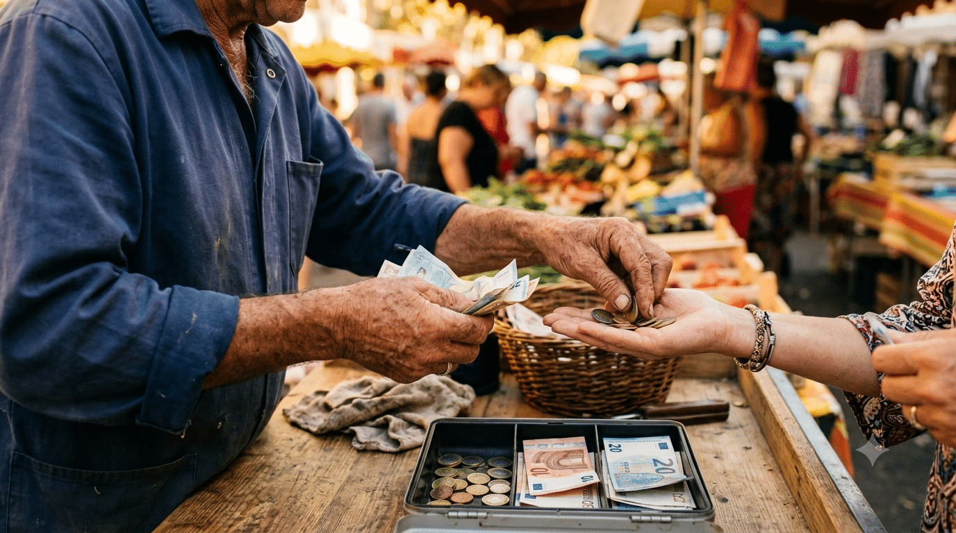 Producteur fermier comptant sa recette à un étal de marché d'été achalandé, lumière dorée