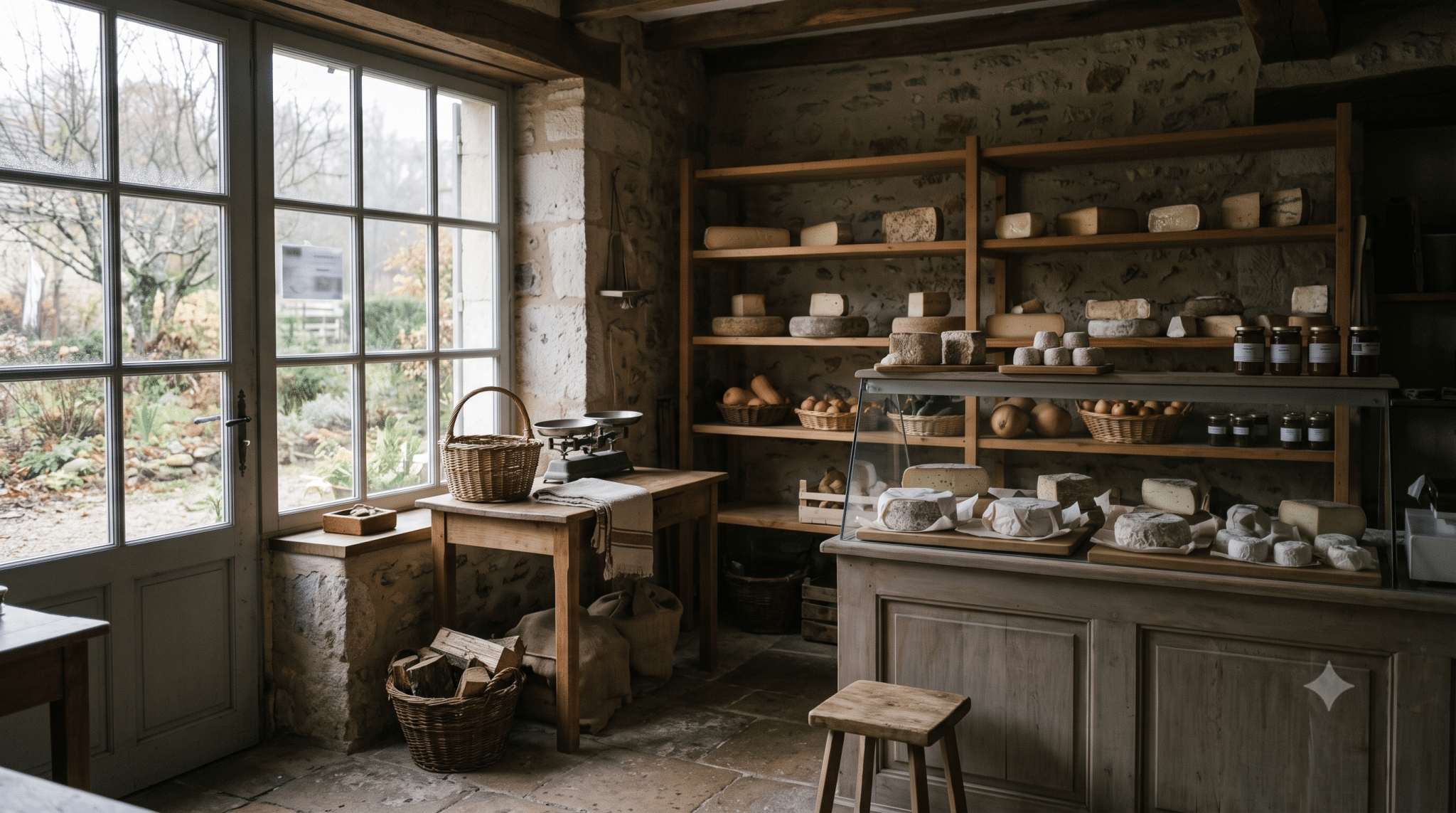 Boutique de ferme calme et presque vide au début de l'automne, lumière grise du matin, étagères de fromages