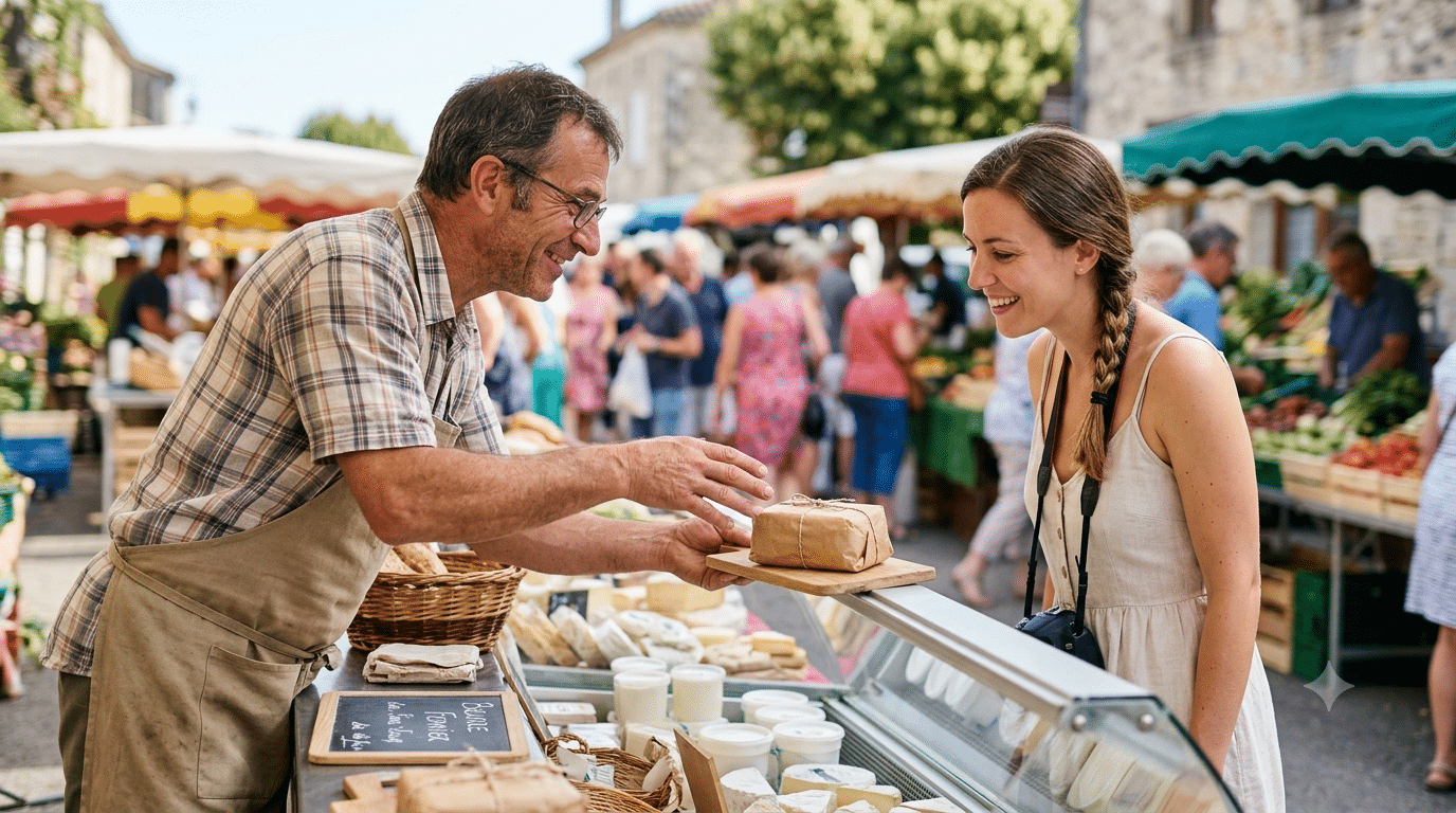 Touriste inscrivant son adresse sur une tablette à un étal de fromages fermiers en été