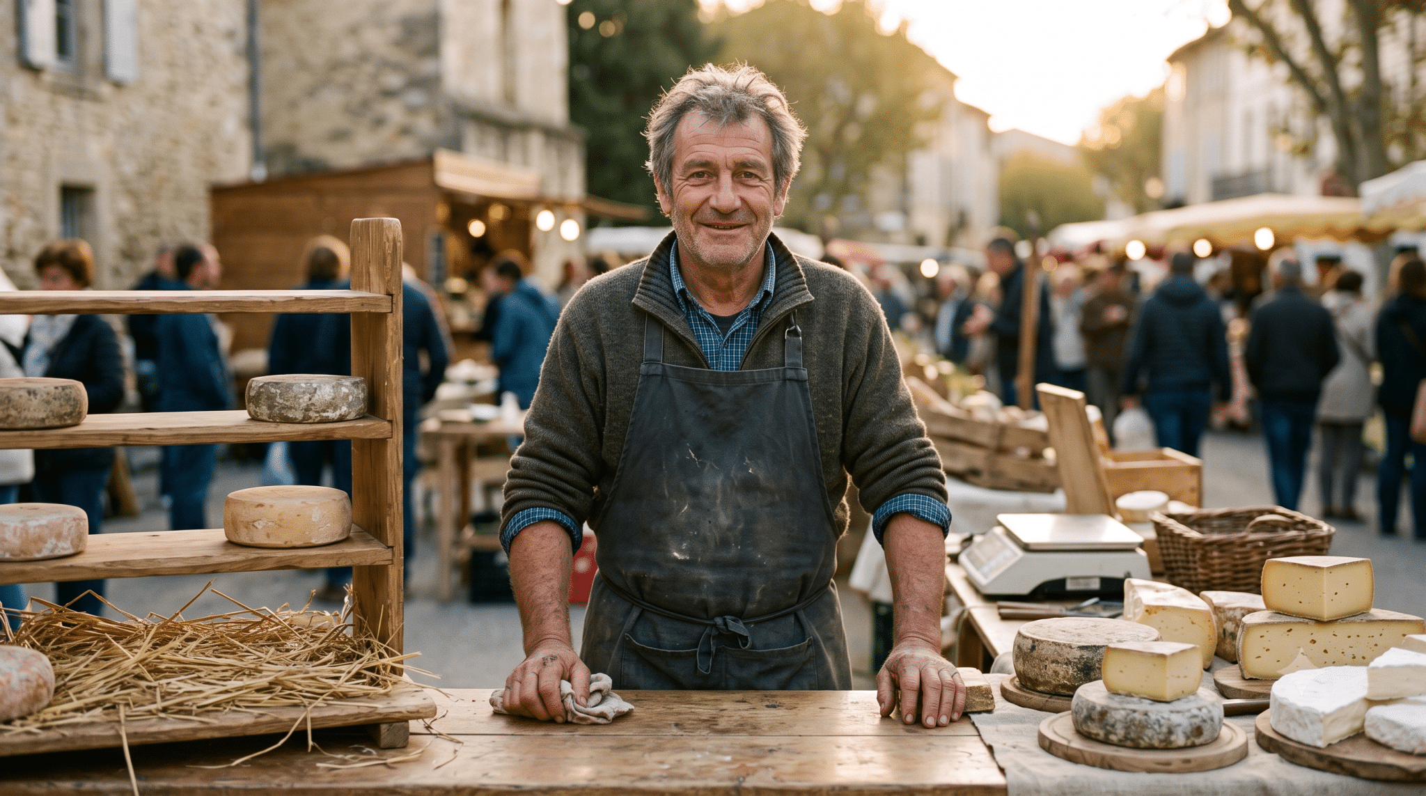Producteur laitier sur un marché d'été achalandé, fromages et glaces, lumière dorée de fin de journée