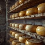 Meules de fromage fermier en affinage dans une cave fraîche pendant la canicule
