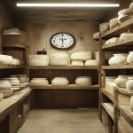 Chambre froide de fromagerie artisanale avec etageres de fromages et thermometre