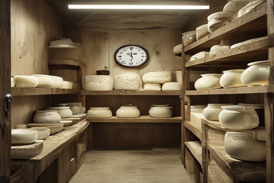 Chambre froide de fromagerie artisanale avec etageres de fromages et thermometre