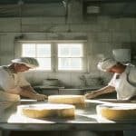 Deux personnes travaillent dans un atelier de transformation laitière fermière, meules de fromage sur une table inox