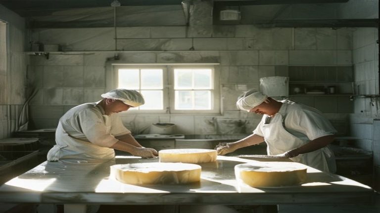 Deux personnes travaillent dans un atelier de transformation laitière fermière, meules de fromage sur une table inox
