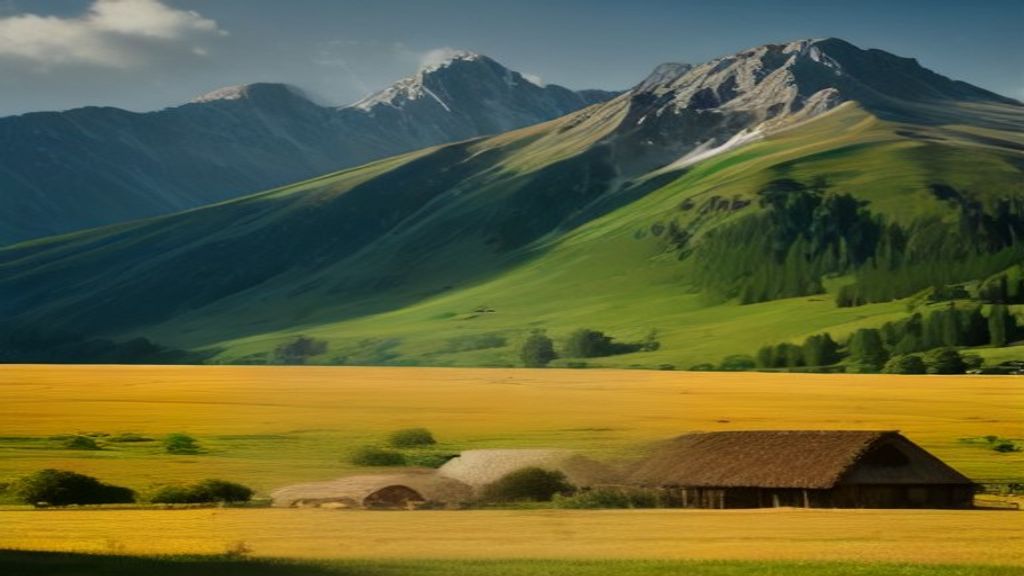 Prairie de montagne jaunie en fin d'été, avec un chalet d'alpage en bois