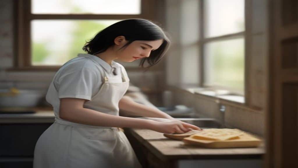 Jeune apprentie au travail dans un atelier de transformation laitiere fermiere