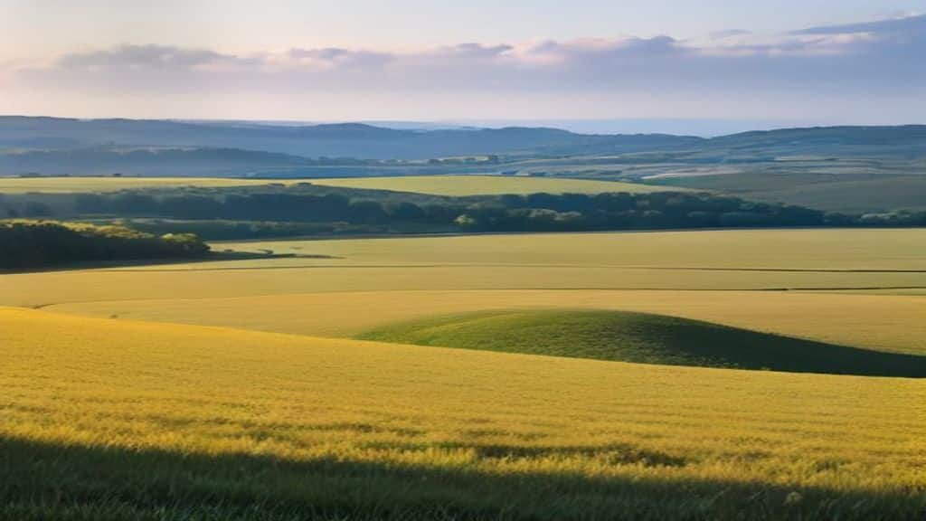 Paysage agricole vallonné en fin d'été, prairies et haies sous une lumière rasante de fin de journée