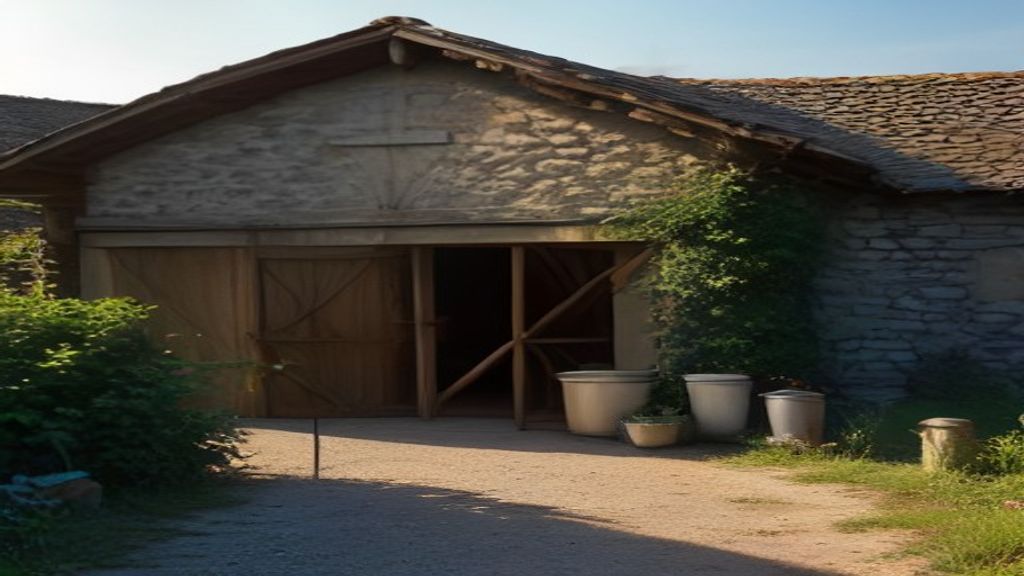 Cour d'une petite exploitation laitière française en fin de journée, bâtiment d'élevage en pierre