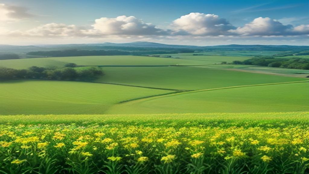 Prairie verte bordée de haies et de bandes fleuries sous un ciel d'été