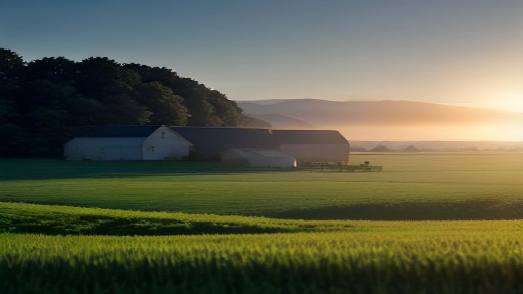 Bâtiments d’une exploitation laitière et prairie au lever du jour