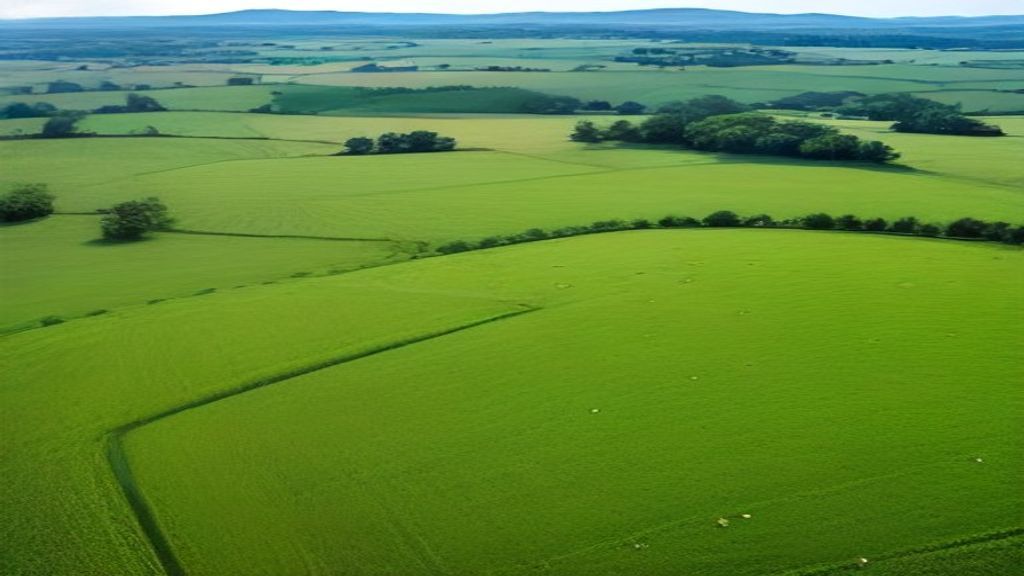 Vue aérienne d'un paysage agricole français en été, parcelles d'herbe et de cultures séparées par des haies