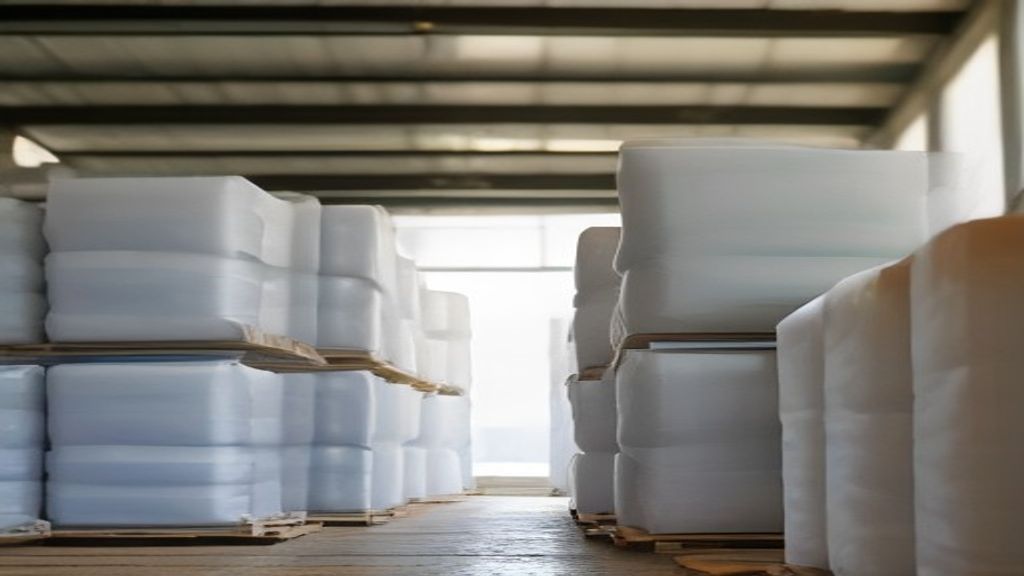 Palettes filmées entreposées dans un entrepôt de produits laitiers secs