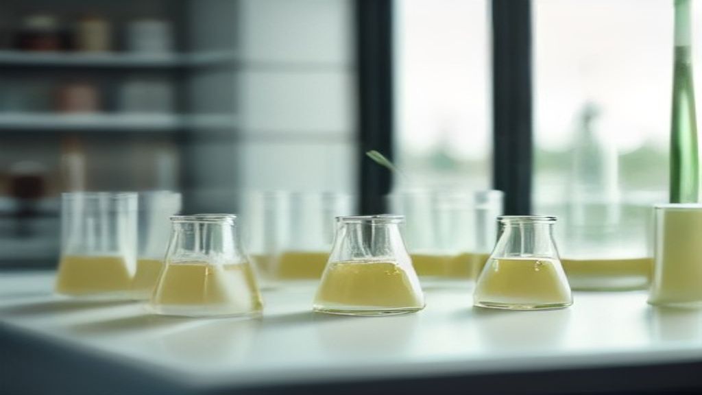 Fioles de verre posées sur une paillasse dans un laboratoire d'analyses alimentaires