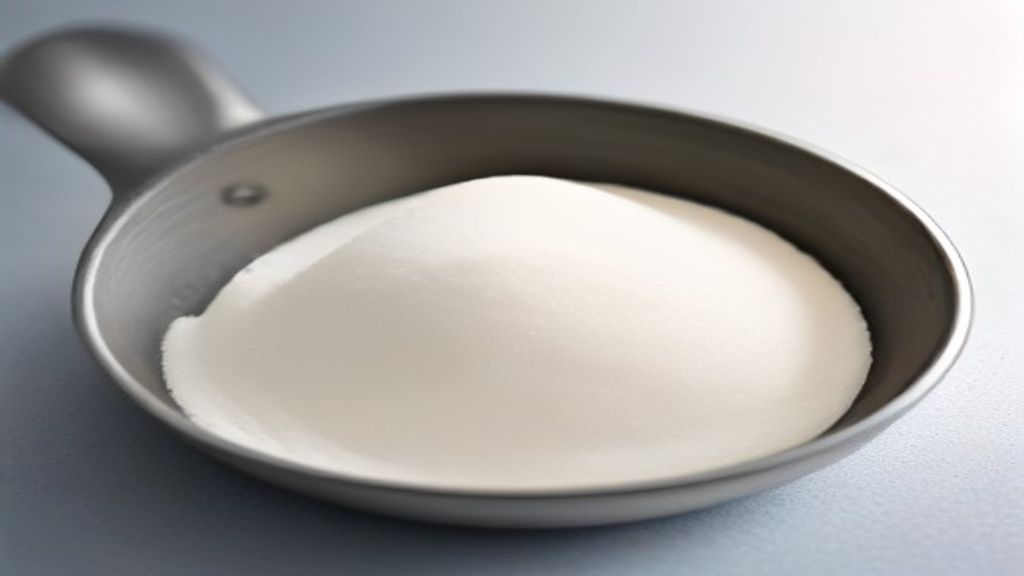 Poudre de lait blanche dans une cuiller doseuse en inox sur un plan de travail d atelier laitier
