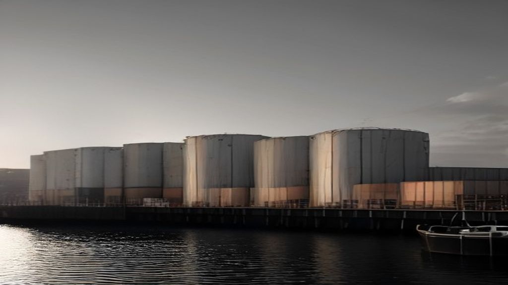 Silos portuaires de stockage de matières premières en fin de journée