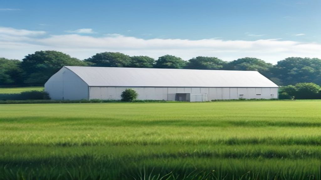 Prairie de pâturage laitier et bâtiment d’élevage en France
