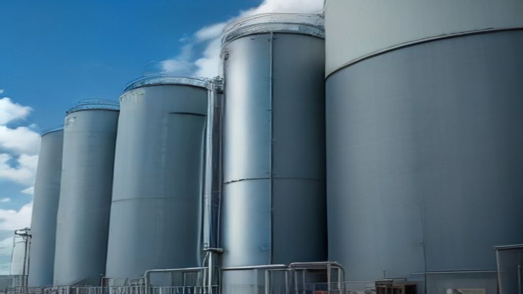 Silos et cuves en inox d'un site industriel laitier, alignés sous un ciel dégagé