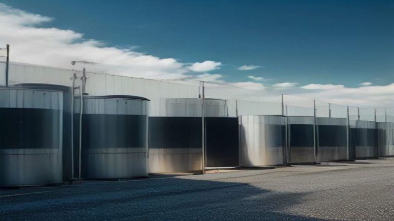 Rangée de cuves en acier inoxydable alignées le long d'un bâtiment industriel clair, sous un ciel bleu