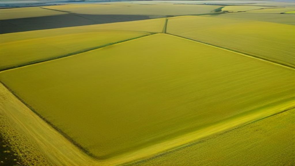 Vue aérienne de parcelles agricoles jaunies en fin d'été, séparées par des haies