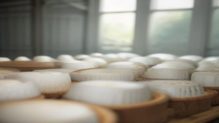 Fromages frais en moules sur des planches d'égouttage dans une fromagerie fermière