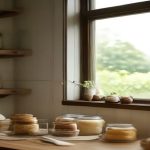 Pots en verre de yaourt et fromages fermiers sur un comptoir en bois devant une fenêtre