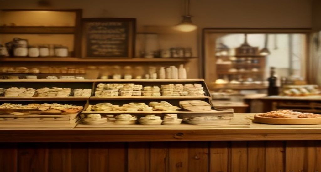 Comptoir en bois d'une cremerie-fromagerie garni de fromages
