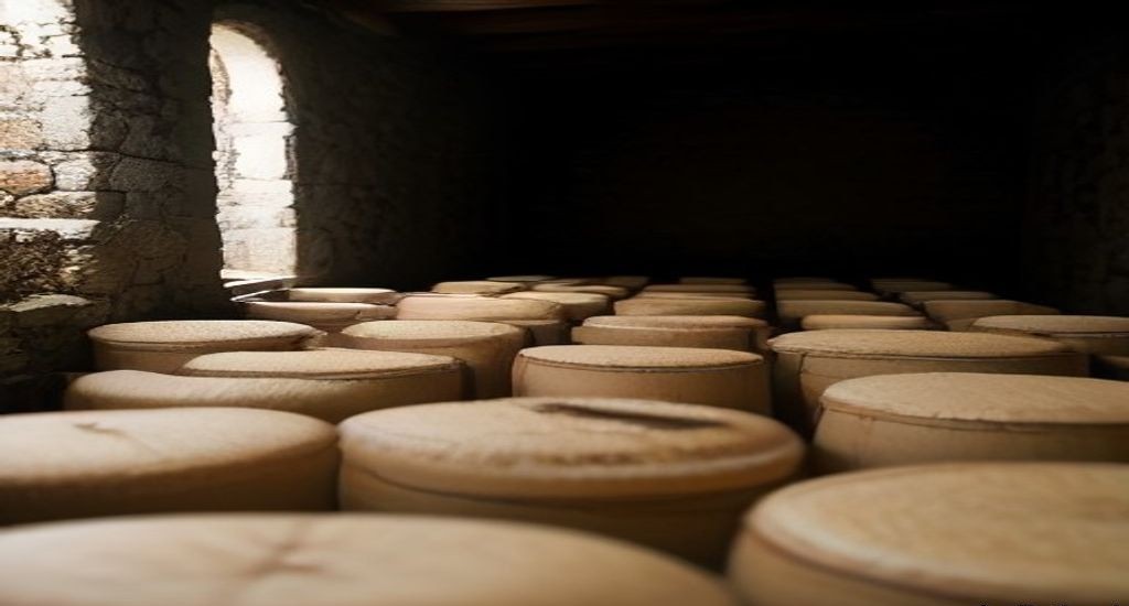 Rangées de fromages ronds en affinage sur des planches de bois dans une cave en pierre, lumière naturelle par une ouverture voûtée