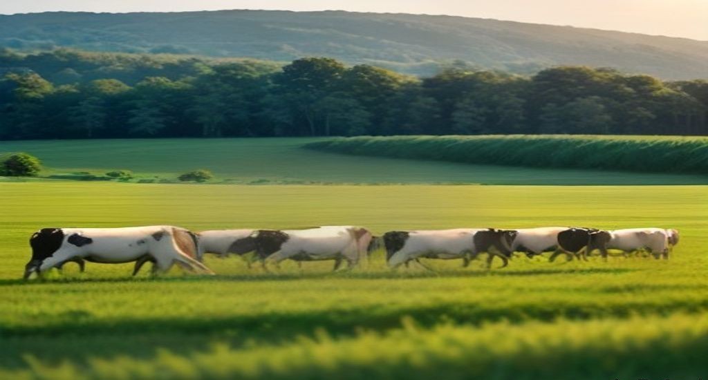 Troupeau de vaches laitieres au paturage dans une prairie verte, en fin de journee