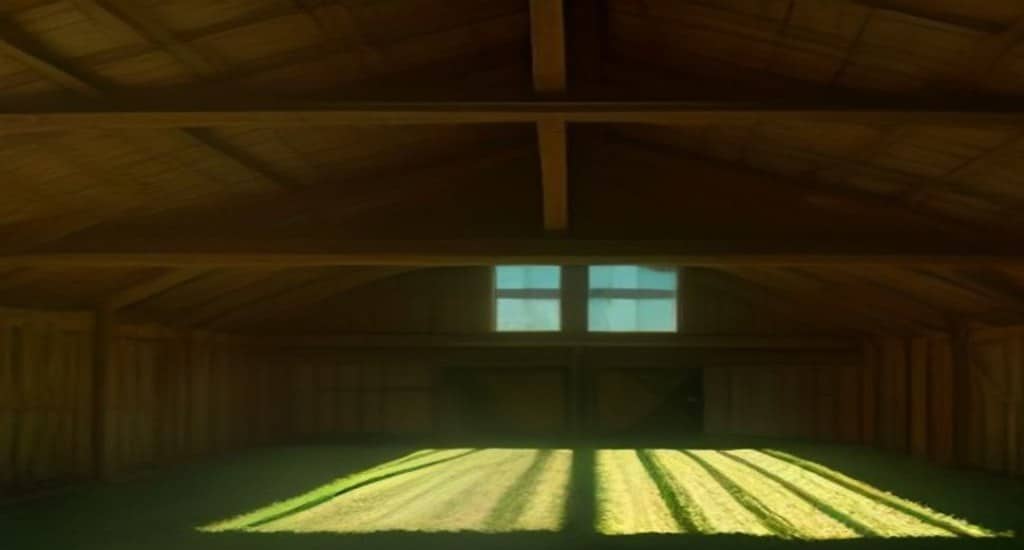Intérieur d’une grange agricole en bois éclairée par la lumière du jour