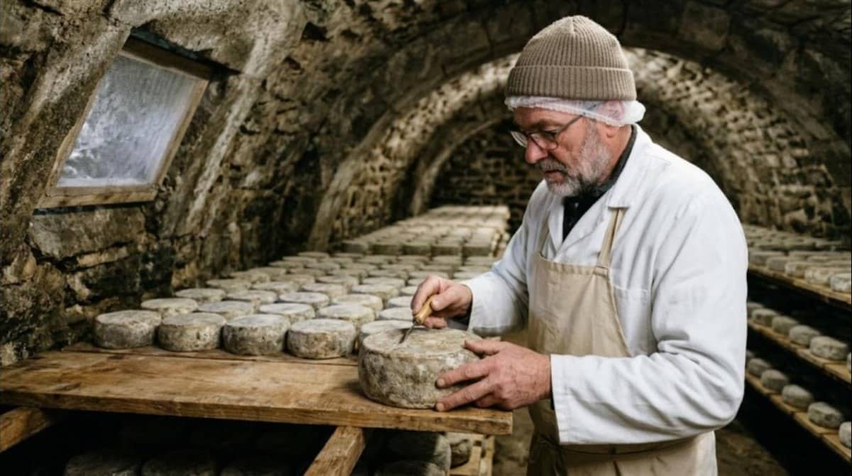 Affineur inspectant la croûte d’une tomme dans une cave d’affinage voûtée, moustiquaire à l’aération