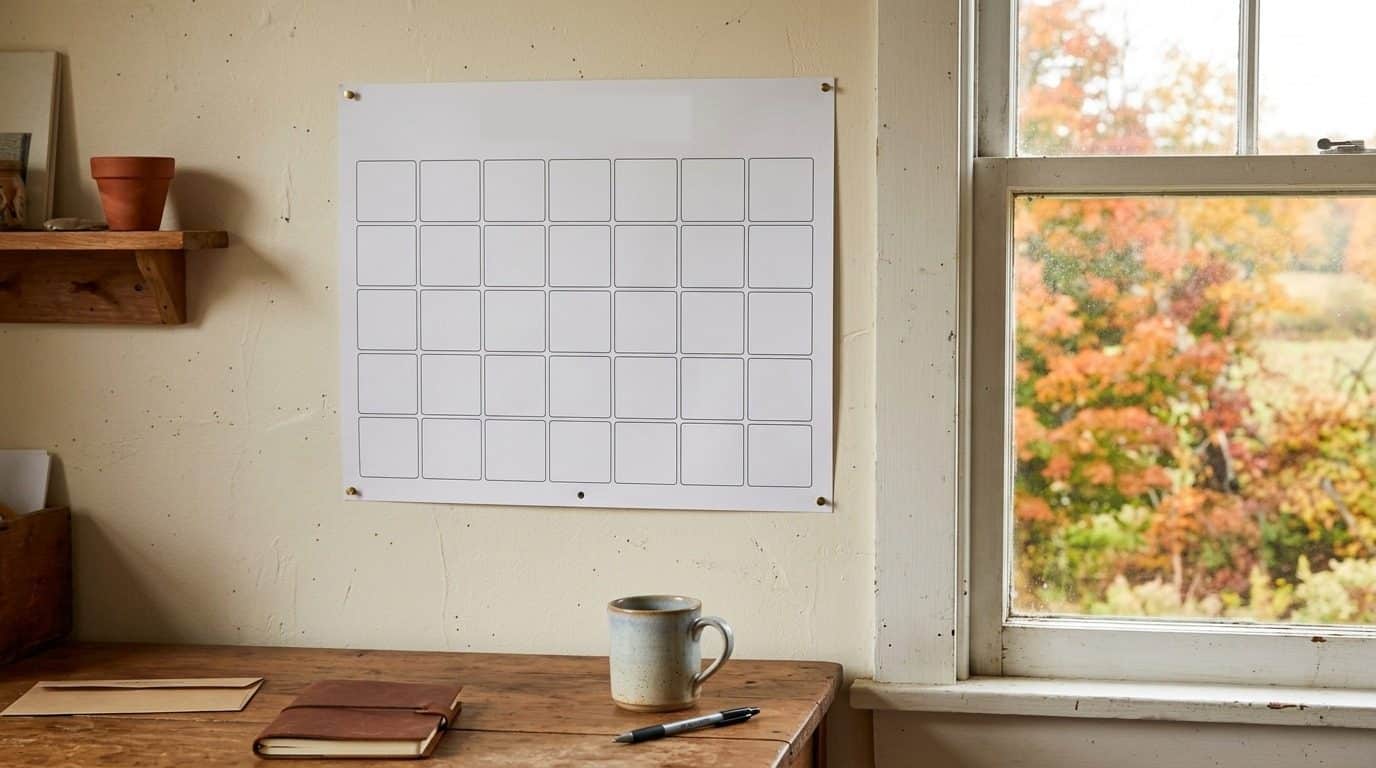 Calendrier mural vierge dans un bureau de ferme, fenêtre sur des arbres d'automne